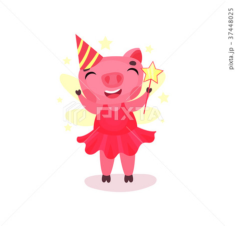 Cute pig character in a pink dress and party hat 37448025