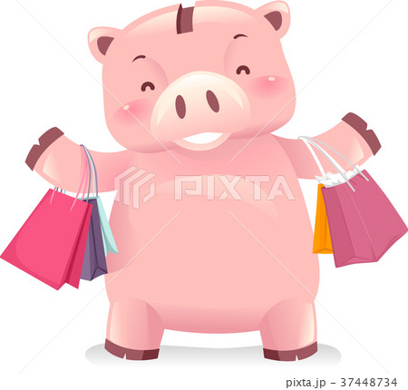 Piggy Bank Robot Mascot Shopping Bags Illustration 37448734