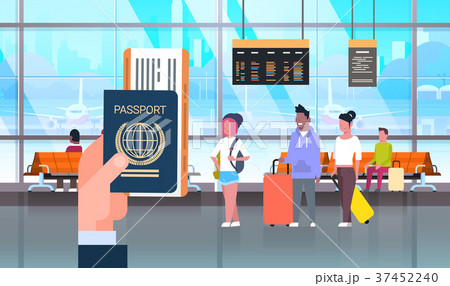 Hand Hold Passport And Ticket Over People In 37452240