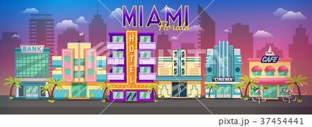 Old Miami skyline panorama at sunset. Retro city 37454441