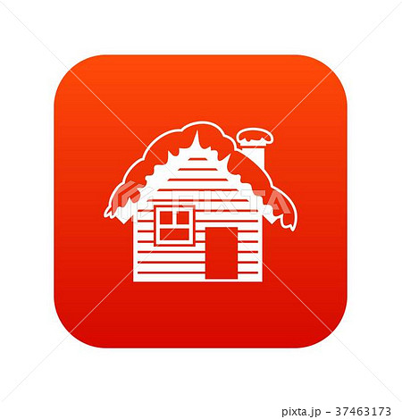 Wooden house covered with snow icon digital red 37463173
