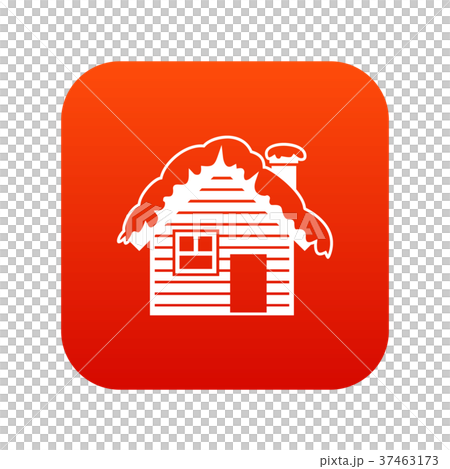 Wooden house covered with snow icon digital red 37463173