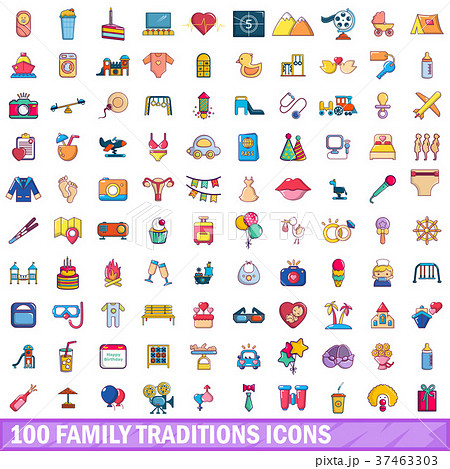 100 family traditions icons set, cartoon style 100 family traditions icons set, cartoon style 37463303