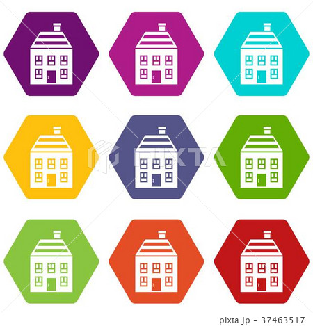 Two-storey house with chimney icon set color hexahedron Two-storey house with chimney icon set color hexahedron 37463517