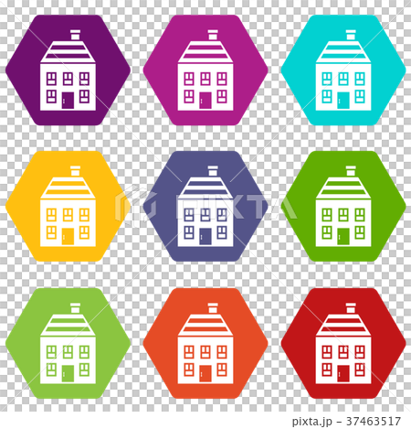 Two-storey house with chimney icon set color hexahedron Two-storey house with chimney icon set color hexahedron 37463517