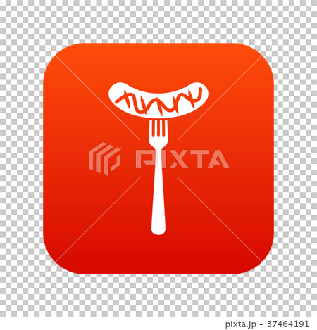 Grilled sausage on a fork mustard icon digital red 37464191