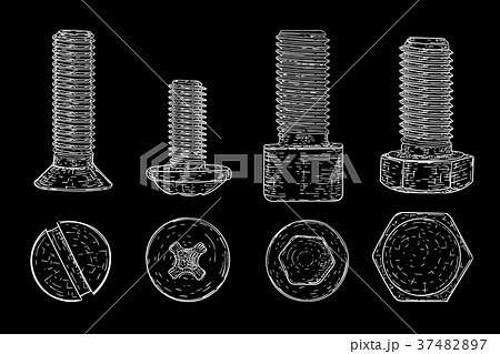 Metal bolts and screws. Hand drawn sketch on black Metal bolts and screws. Hand drawn sketch on black 37482897