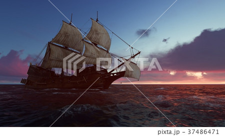 Sailboat at sea in the evening at sunset 3d Sailboat at sea in the evening at sunset 3d 37486471