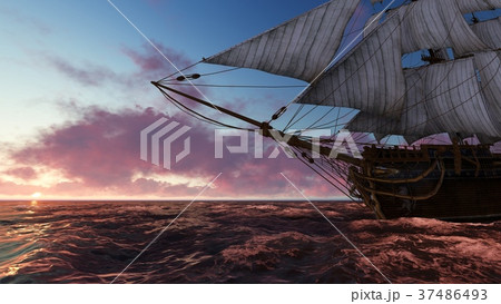 Sailboat at sea in the evening at sunset 3d Sailboat at sea in the evening at sunset 3d 37486493