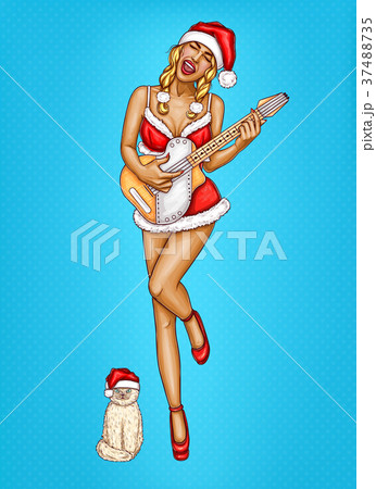 Pop art girl in Santa dress and hat vector sketch Pop art girl in Santa dress and hat vector sketch 37488735