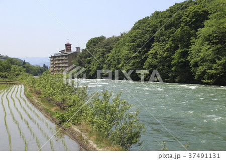 雪解け水の利根川と上牧温泉の写真素材