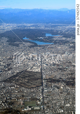 東京の小平霊園上空から多摩湖方向を空撮 37492542