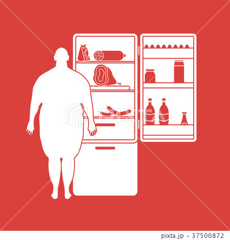 Fat man stands at the fridge full of food Harmful Fat man stands at the fridge full of food Harmful 37500872