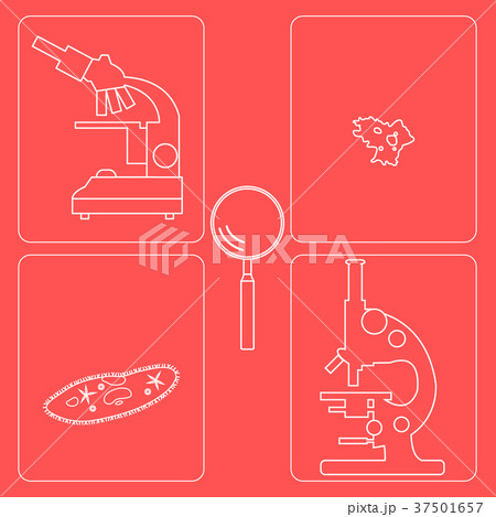 Stylized icons of microscopes, magnifier, amoeba, Stylized icons of microscopes, magnifier, amoeba, 37501657