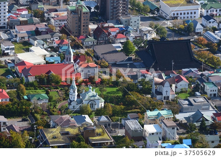 北海道函館市元町地区の教会群を函館山から撮影の写真素材