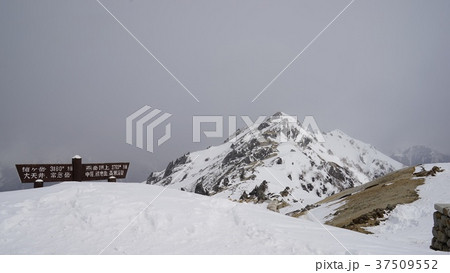 冬期燕岳登山、燕山荘前の広場から山頂部を見る 冬期燕岳登山、燕山荘前の広場から山頂部を見る 37509552