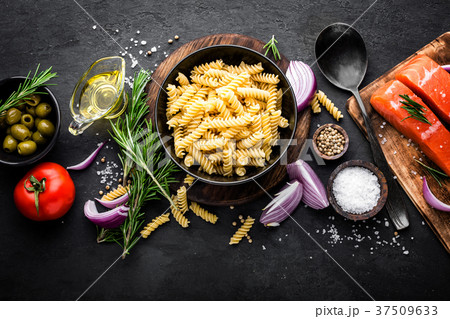 Pasta, salmon fish and ingredients for cooking 37509633