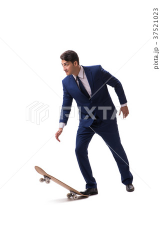 Businessman riding skateboard isolated on white Businessman riding skateboard isolated on white 37521023