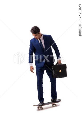 Businessman riding skateboard isolated on white 37521024