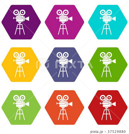 Retro film projector icon set color hexahedron Retro film projector icon set color hexahedron 37529880