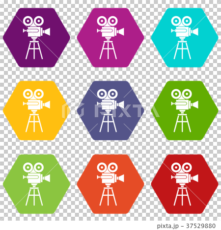 Retro film projector icon set color hexahedron Retro film projector icon set color hexahedron 37529880
