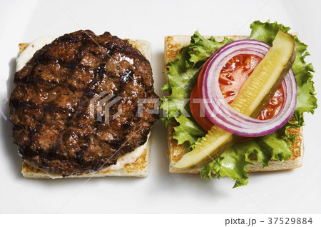 Toast with grilled burger and salad 37529884