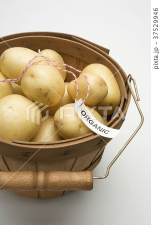 Organic potatoes in woodchip basket Organic potatoes in woodchip basket 37529946