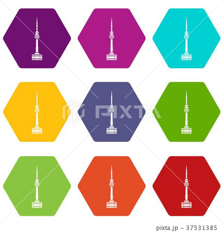 Namsan tower in Seoul icon set color hexahedron 37531385