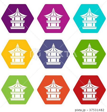 Traditional korean pagoda icon set color hexahedron 37531482
