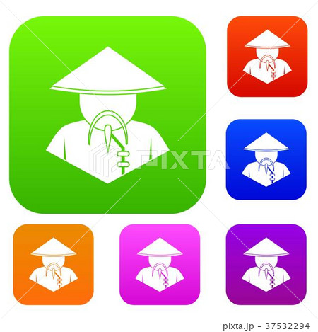 Asian man in conical hat set color collection Asian man in conical hat set color collection 37532294