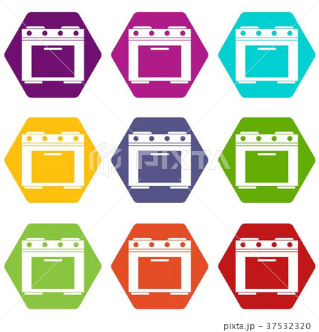 Gas stove icon set color hexahedron 37532320