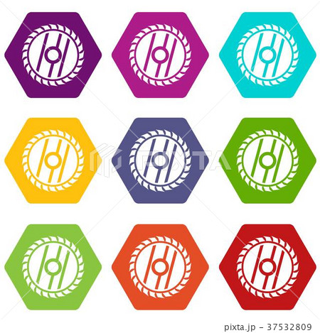 Circular saw blade icon set color hexahedron Circular saw blade icon set color hexahedron 37532809