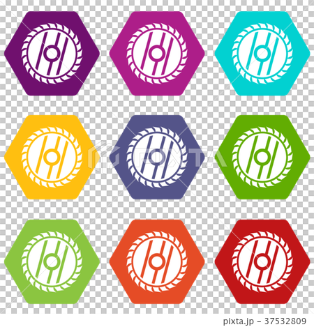 Circular saw blade icon set color hexahedron Circular saw blade icon set color hexahedron 37532809