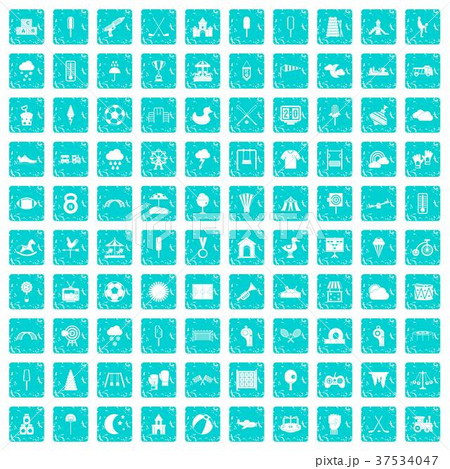 100 childrens playground icons set grunge blue 37534047