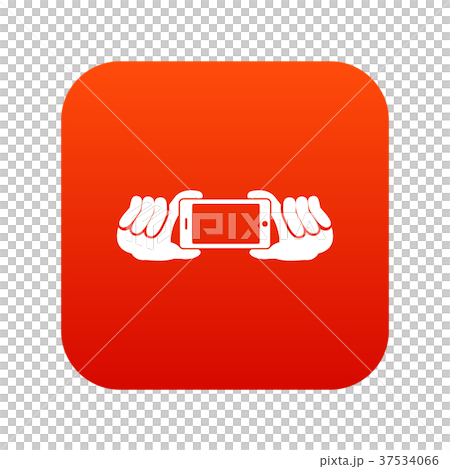 Two hands holding mobile phone icon digital red - Stock Illustration ...