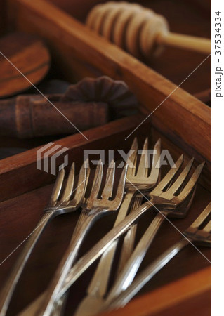 Antique Silver Forks in a Wooden Box 37534334