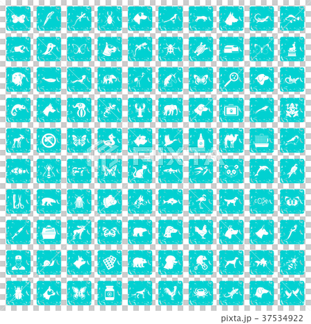 100 animals icons set grunge blue 37534922