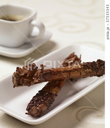 Chocolate Cinnamon Sticks on a White Plate Chocolate Cinnamon Sticks on a White Plate 37535343