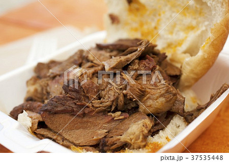 Smoked Barbecue Beef Brisket Sandwich in a To-Go Container (From Central Pennsylvania) 37535448