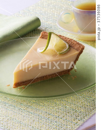 Slice of Key Lime Pie on a Green Plate; Cup of Tea 37536086