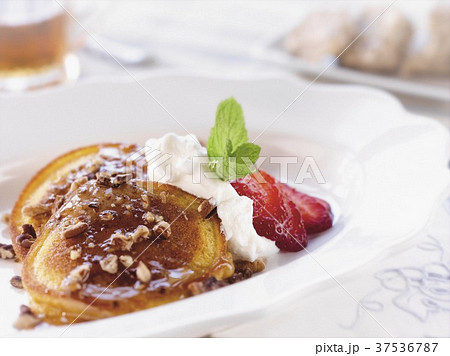Pecan Pancakes with Strawberries and Whipped Cream 37536787
