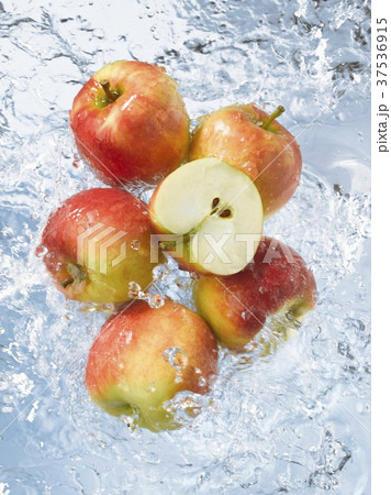 Red apples, whole & halved, dropping into water 37536915