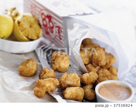 Popcorn Grouper Nuggets with Dipping Sauce; Take Out Box 37536924