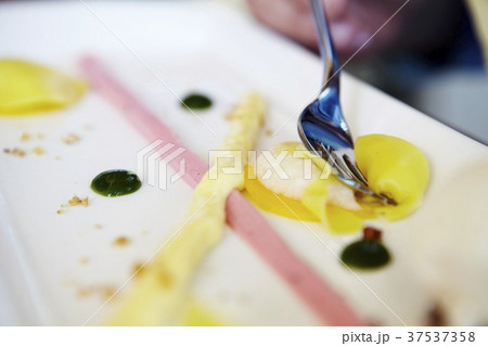 A dessert platter with various fruit sauces 37537358