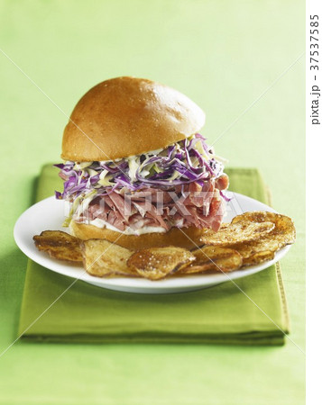 Ham and Cole Slaw Slider Sandwich with Homemade Chips 37537585