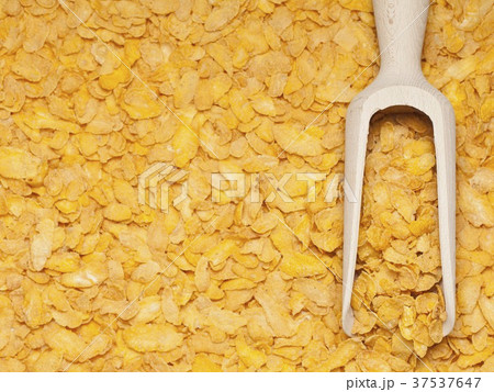 Wooden scoop of cornflakes on a background of cornflakes Wooden scoop of cornflakes on a background of cornflakes 37537647