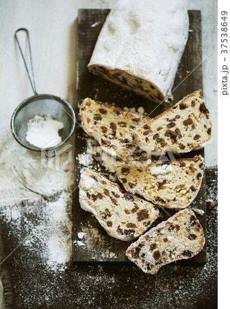 Christmas stollen, sliced, seen from above Christmas stollen, sliced, seen from above 37538649
