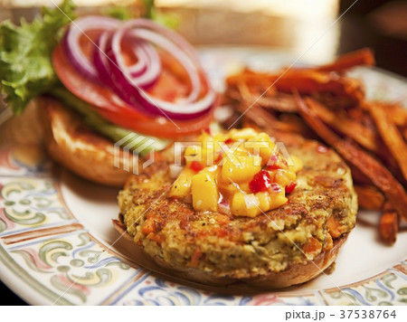 Veggie Burger with Mango Ketchup and Sweet Potato Fries 37538764