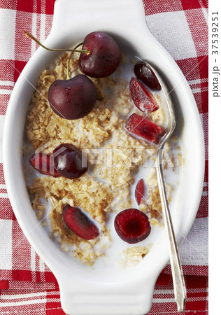 Bowl of Steel Cut Oats with Milk and Cherries; From Above 37539251