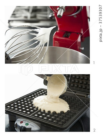 Whipped Egg Whites on Electric Mixer for Waffle Batter; Pouring Waffle Batter into a Waffle Iron 37539307